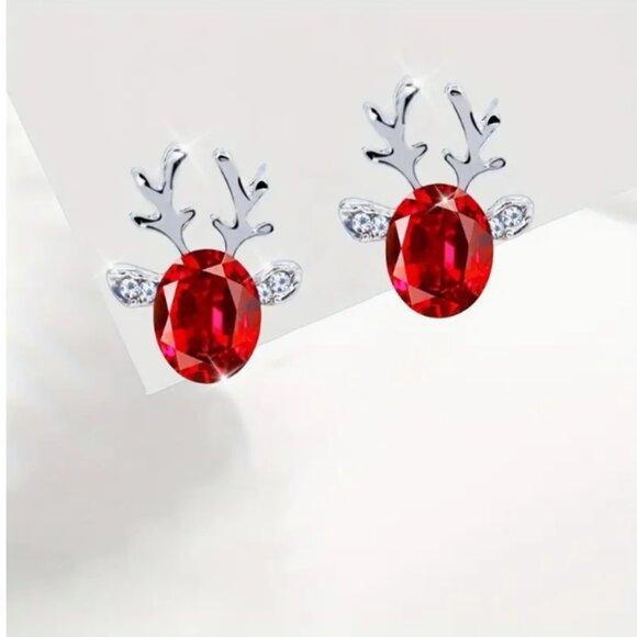 New Fashion Holiday Red Antler Rhinestone Stud Earrings - Picture 1 of 1